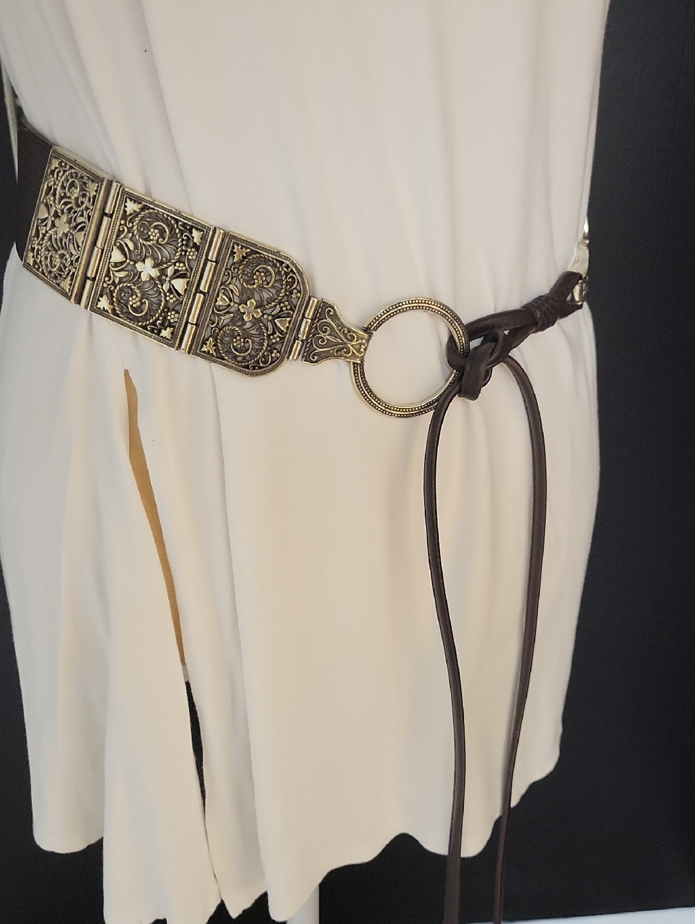 Brighton Antique Silver Filigree Leather Tie Belt in Brown, Small